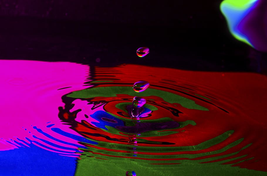 splash, droplet, water, rainbow, red, pink, blue, green, ripple HD wallpaper