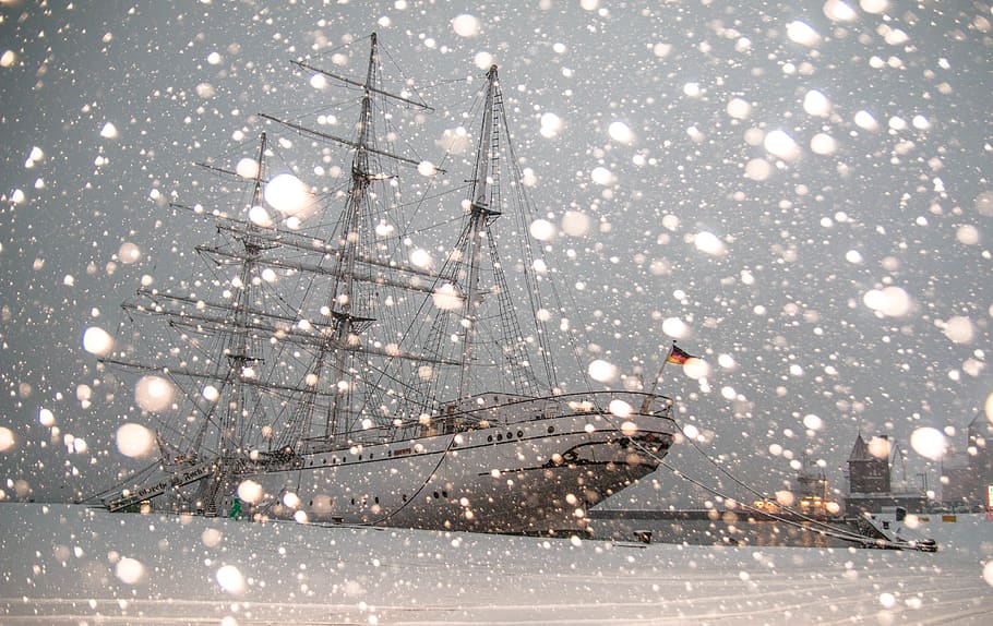 White Sailing Ship Docked at Pier, cold, harbor, port, snow, snowing HD wallpaper