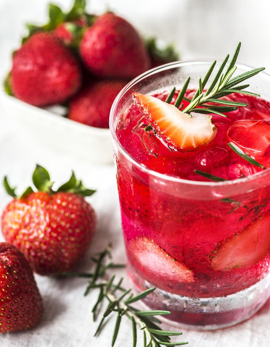 Strawberries Near Clear Rocks Glass, antioxidant, beverage, close-up
