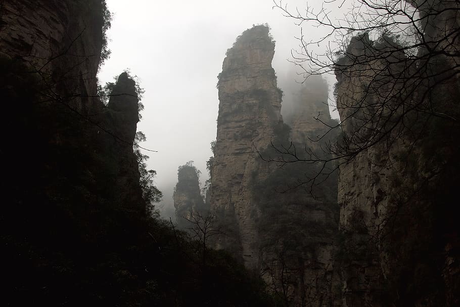china, zhangjiajie, wulingyuan, rocks, karsts, fog, clouds, HD wallpaper