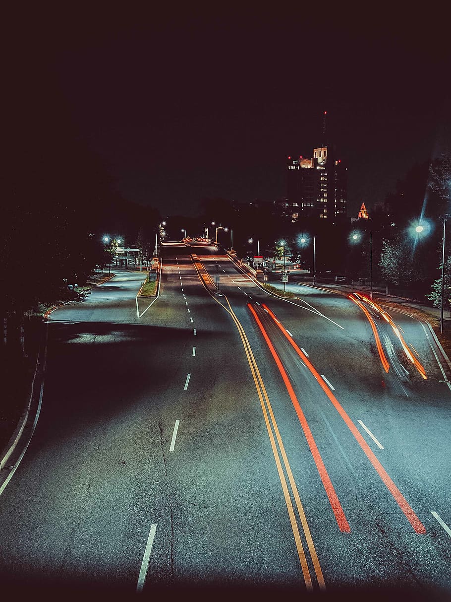 night, dark, sky, city, light, trees, road, building, transportation HD wallpaper
