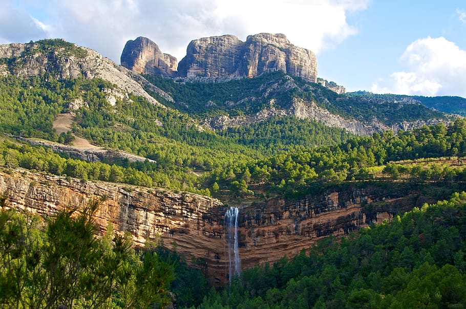 water, fall, waterfall, nature, mountain, rock, rocky, green HD wallpaper