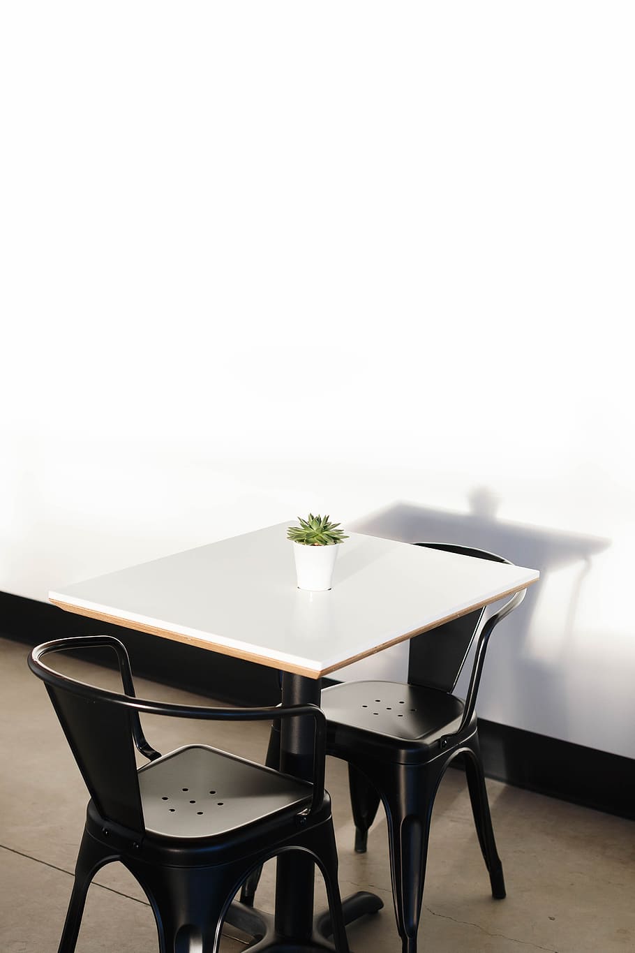 square white wooden table with two black chairs, minimal, coffee HD wallpaper