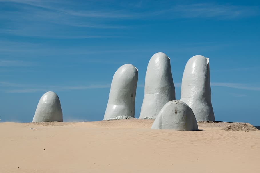 gray human finger statue, land, sky, sea, water, nature, sand HD wallpaper