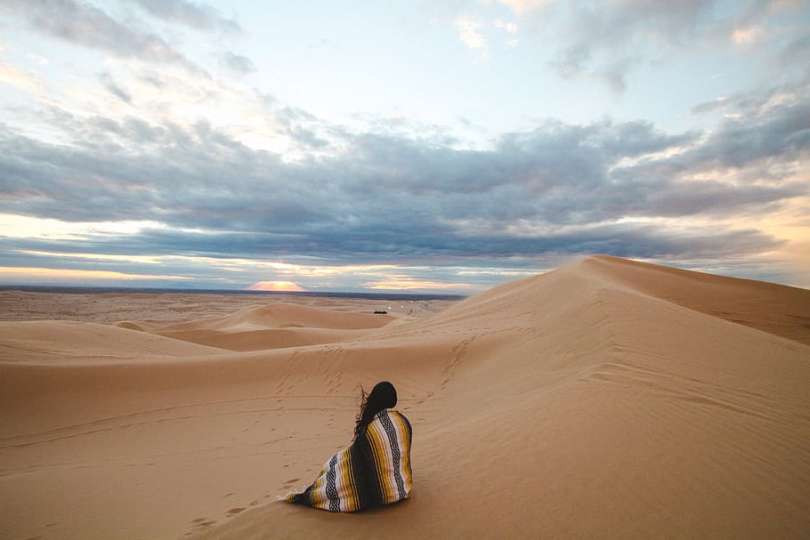 person on dessert, sand, desert, land, sand dune, cloud - sky HD wallpaper