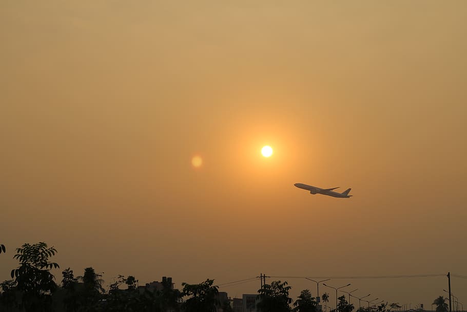 bangladesh, dhaka, flying, plane, sunset, evening, sky, mode of transportation, HD wallpaper