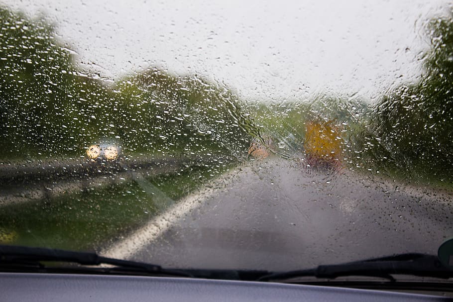 denmark, rain, road, weather, car, lights, glass - material HD wallpaper