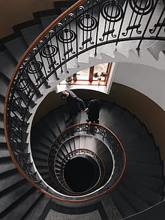 Gray Concrete Spiral Stairs, architectural design, handrail, indoors HD wallpaper