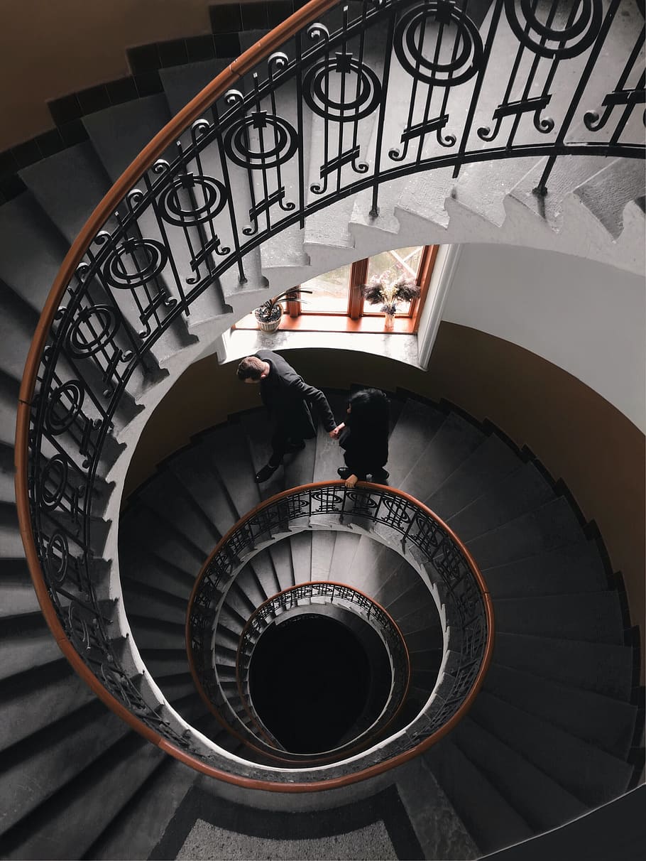 Gray Concrete Spiral Stairs, architectural design, handrail, indoors HD wallpaper