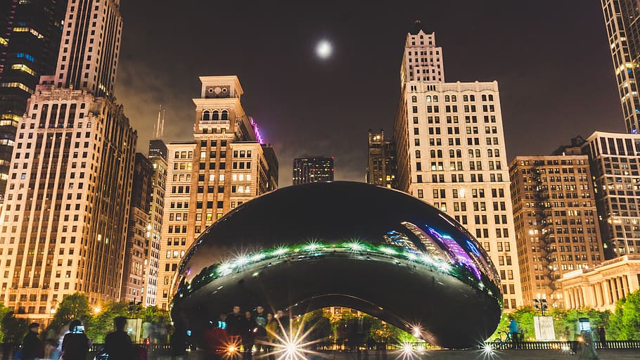 Cloud Gate in Front of High-rise Tower Buildings, architecture HD wallpaper
