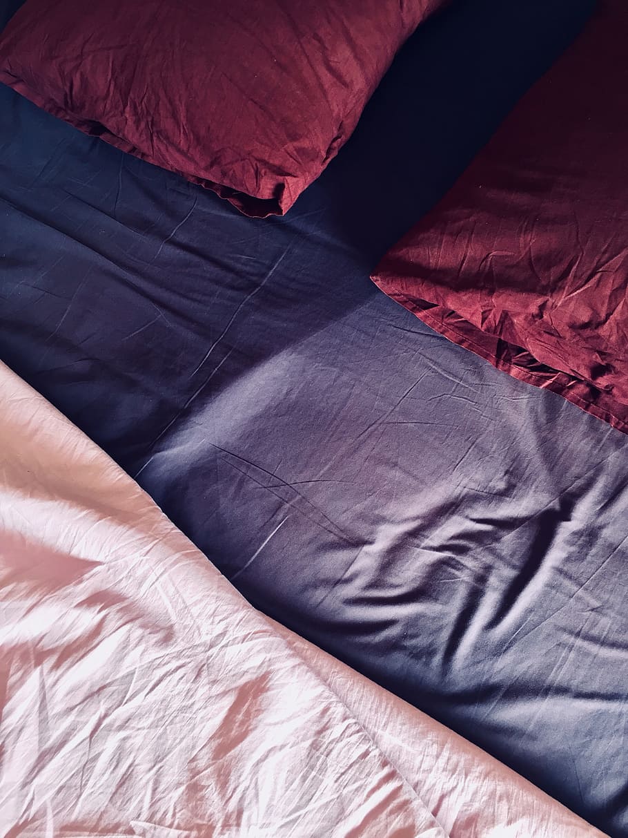two pillows on blue bed sheet, cushion, color, colour, bed clothes HD wallpaper