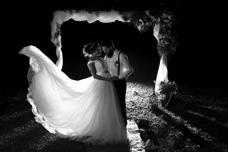 Grayscale Photo of Newly Wed, black and white, bride, Bride and Groom, HD wallpaper