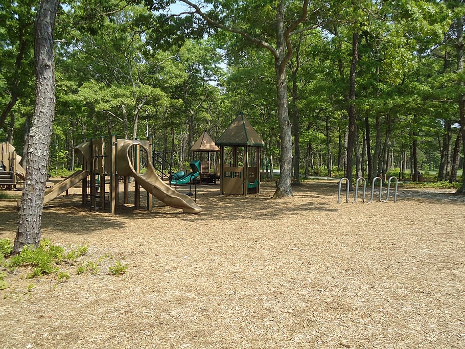 playground, slide, children, fun, trees, plant, architecture HD wallpaper