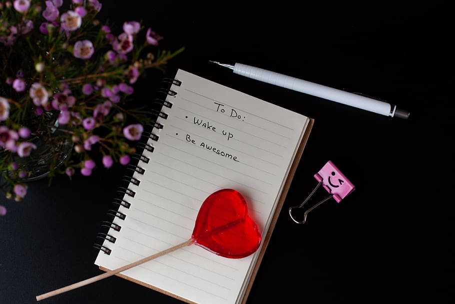 love, lollipop, flowers, notebook, black background, heart, HD wallpaper