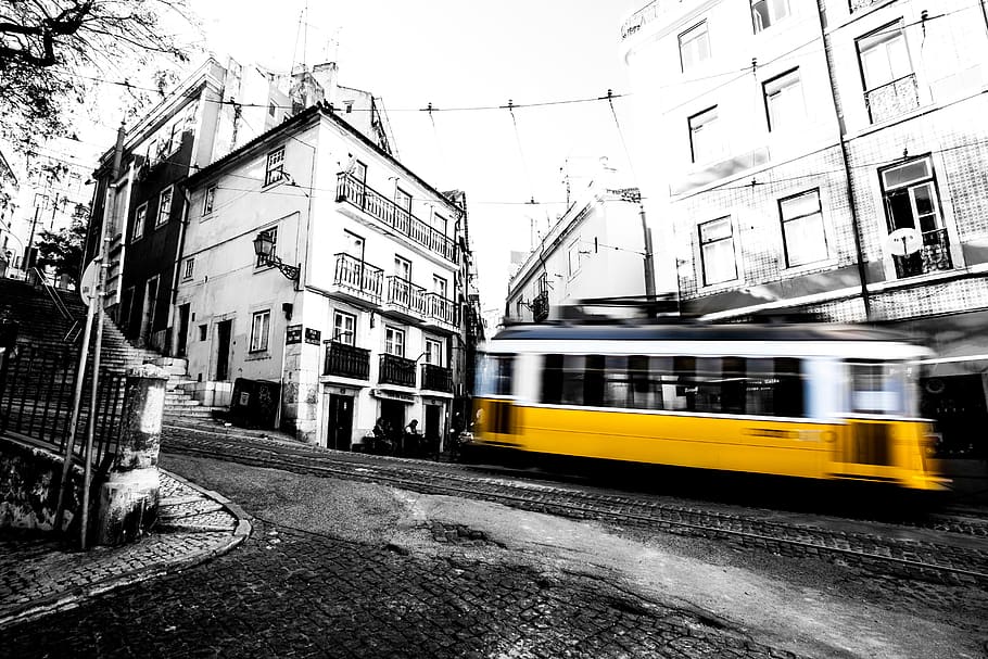 portugal, lisbon, tram, 28, lissabon, capital, europe, b/w, HD wallpaper