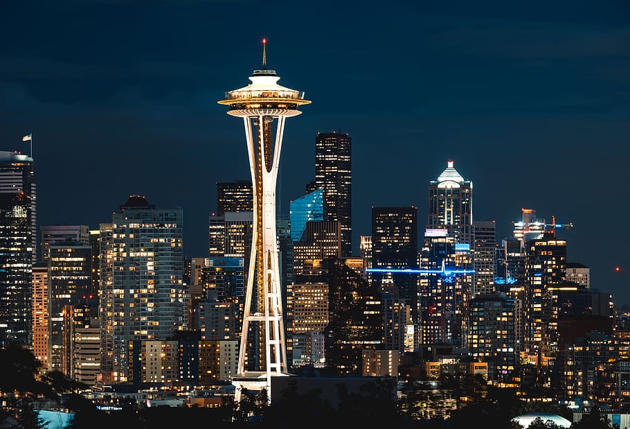 Space Needle tower at night, town, city, urban, building, high rise