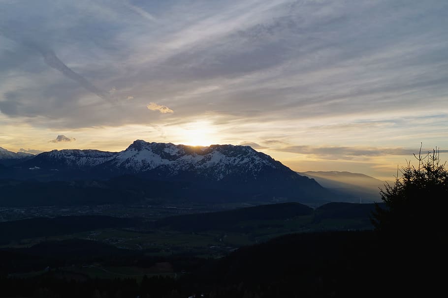 sunset, mountains, sunrise, haze, evening, twilight, alpine HD wallpaper