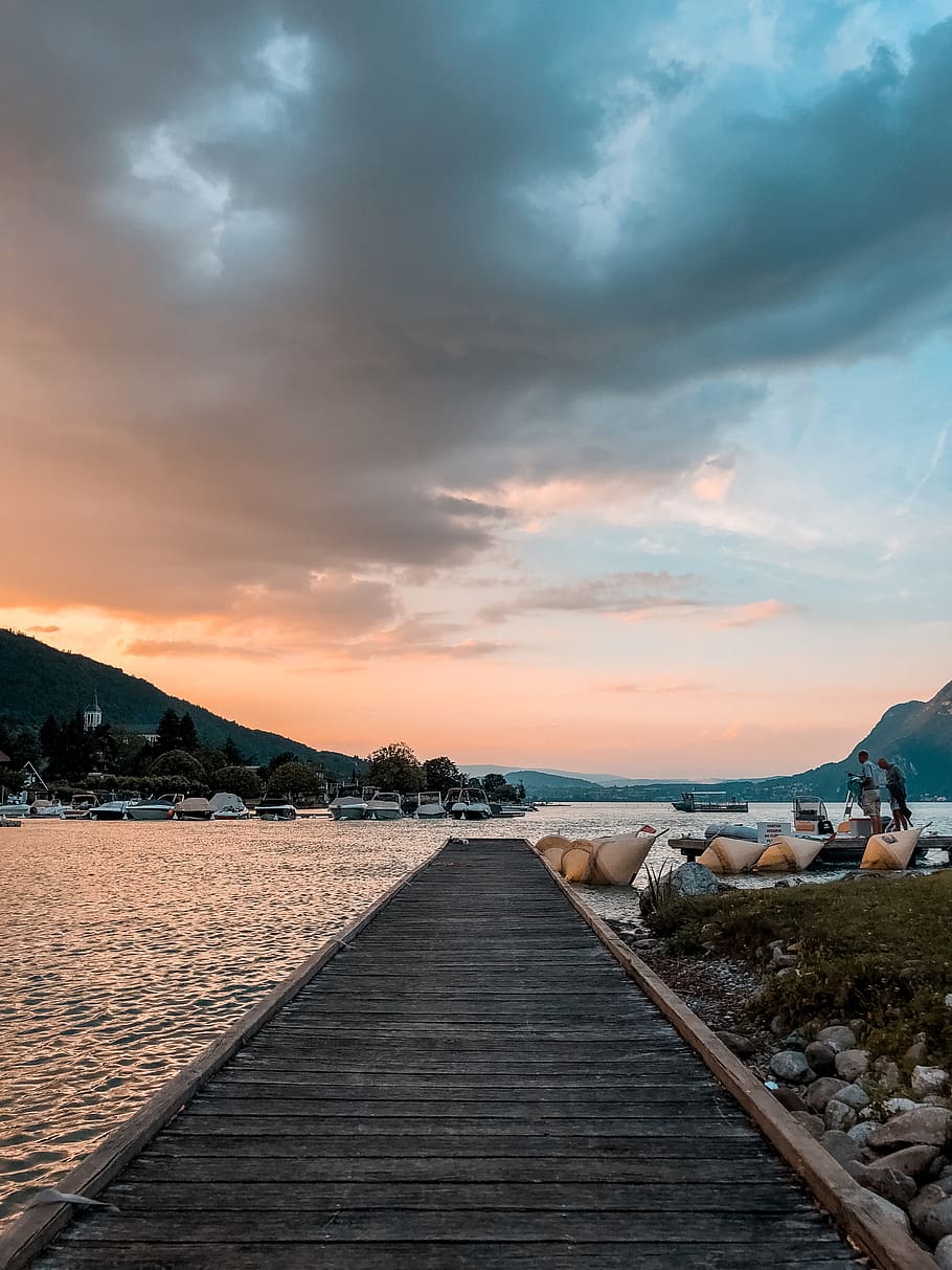 annecy, france, lake, teal, orange, wallpaper, sky, the way forward, HD wallpaper