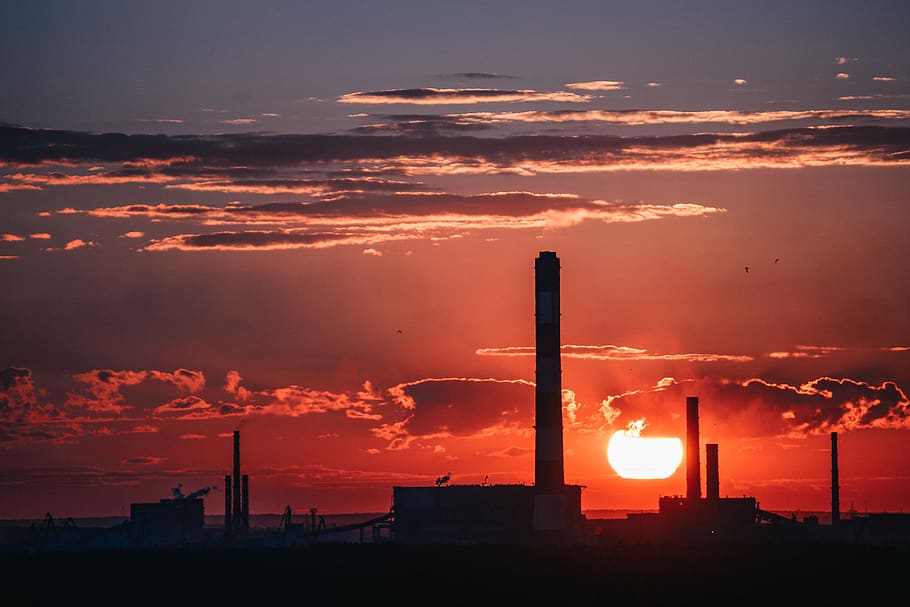 sunset, factory, pipe, clouds, sky, cloud - sky, orange color HD wallpaper