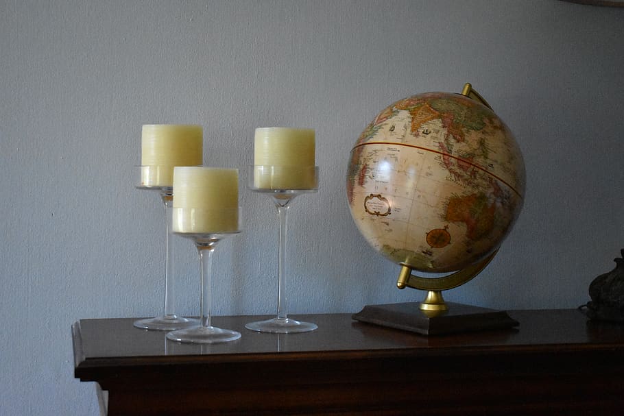 globe, candles, world, room, wall, homey, indoors, table, no people HD wallpaper