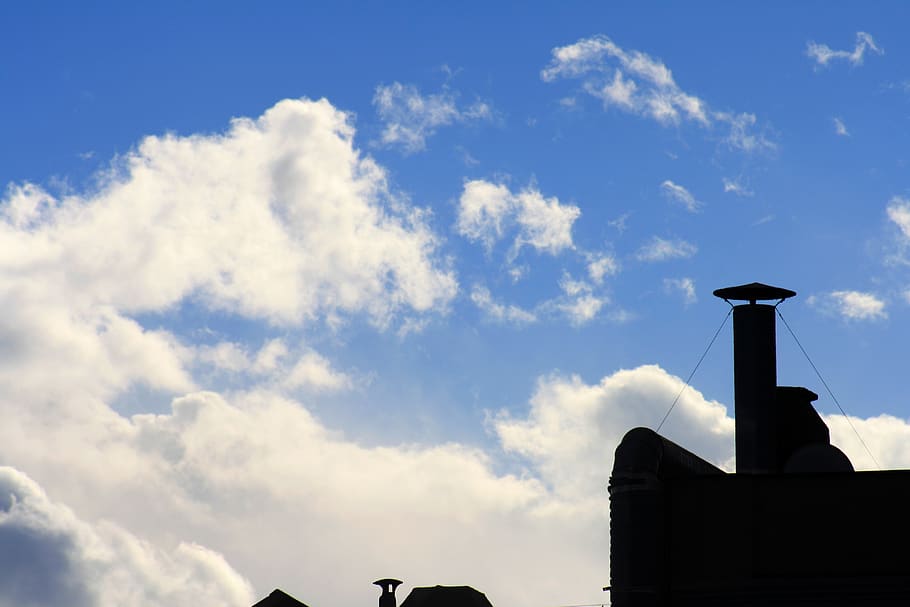 chimney, smokestack, sky, clouds, silhouette, blue, black, cloud - sky, HD wallpaper