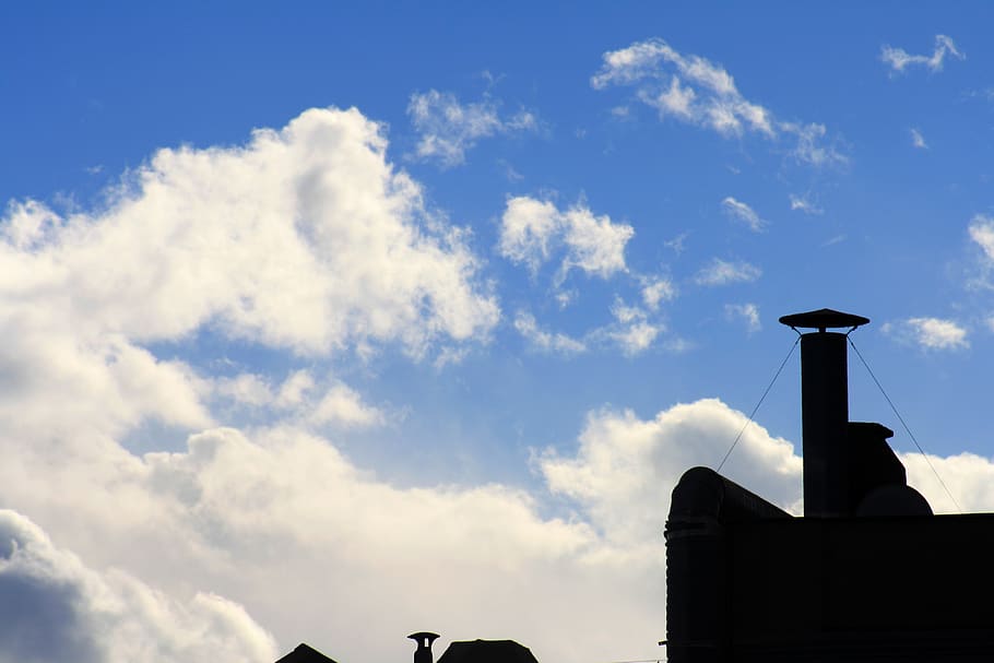 chimney, smokestack, sky, clouds, silhouette, blue, black, cloud - sky HD wallpaper