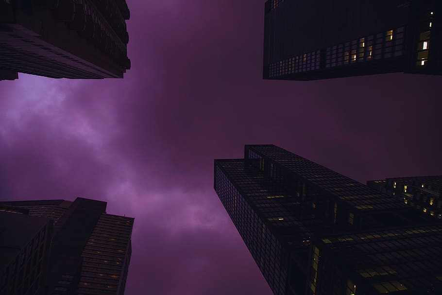 high rise buildings under cloudy sky, skyscraper, looking up HD wallpaper