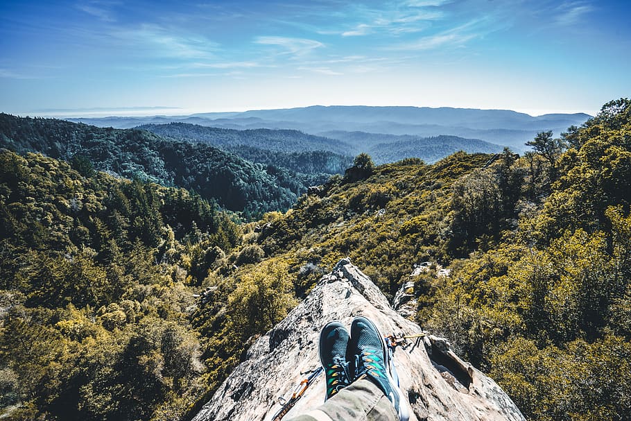 person sitting on cliff, tree, mountain, scenics - nature, beauty in nature HD wallpaper