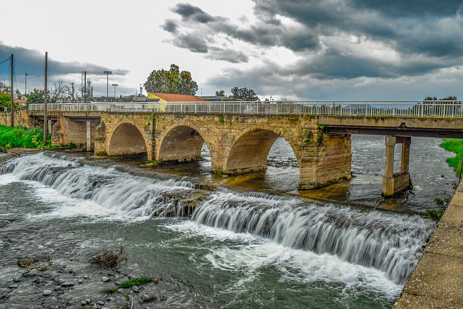 bridge, river, architecture, water, sky, clouds, scenery, peristerona HD wallpaper