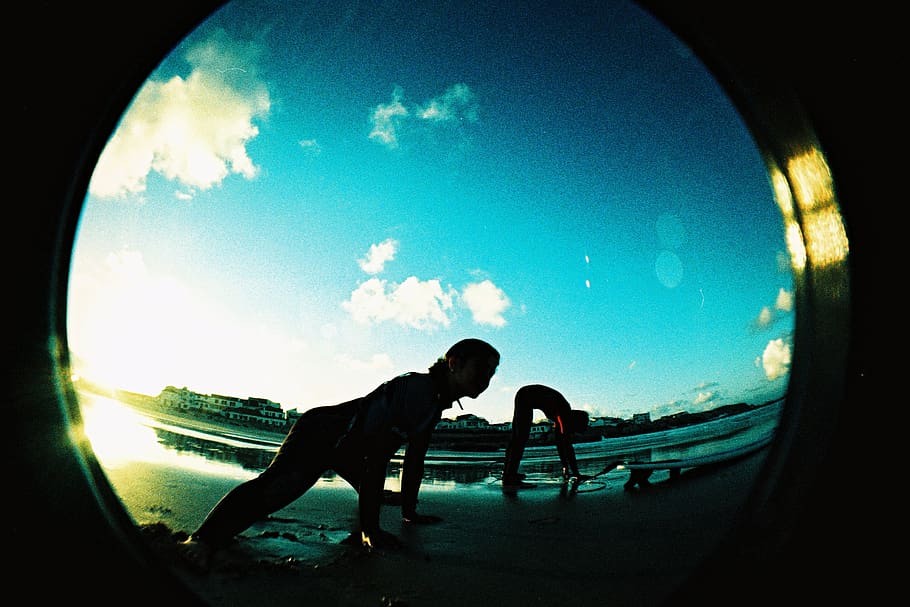 Fisheye Lens Showing Person at Daytime, clouds, glass, landscape HD wallpaper