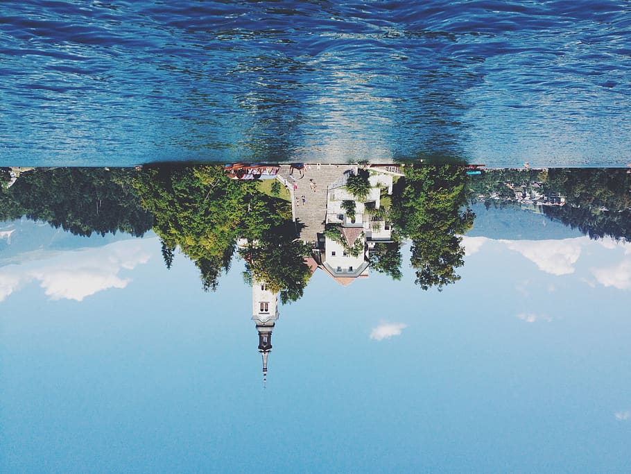 water, reflection, architecture, blue, day, nature, building exterior HD wallpaper