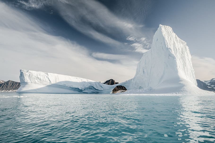 iceberg under white sky, cold temperature, snow, winter, water HD wallpaper