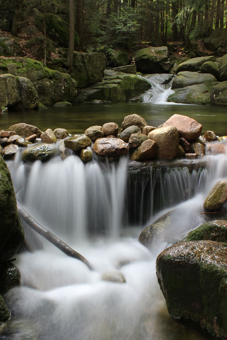 Waterfall, blur, cascade, flow, forest, long exposure, rock, rocks HD wallpaper