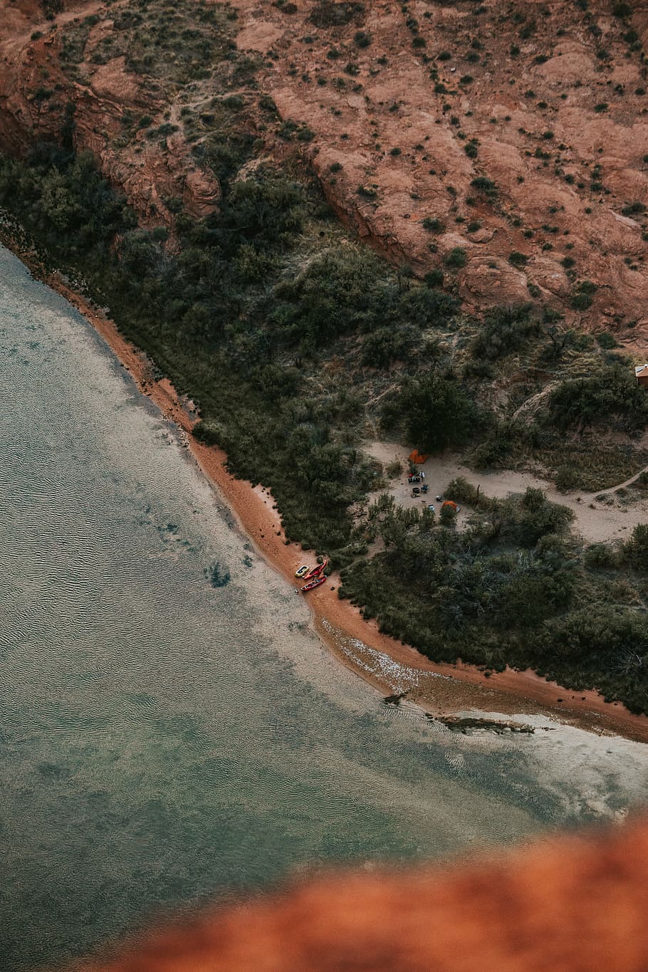 top view photography of trees, desert, water, plant, green, red HD wallpaper