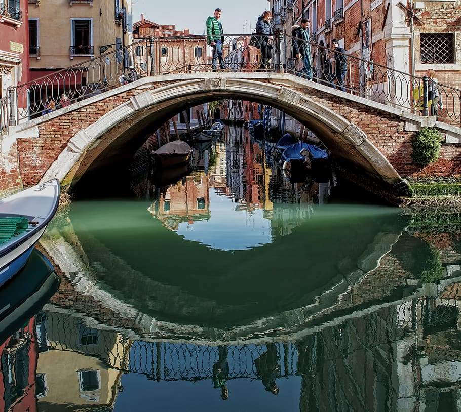 venice, italy, arch, reflection, venecia, boat, house, urban HD wallpaper