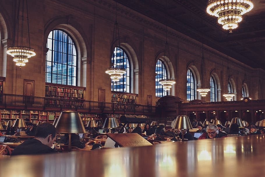 people reading inside library building, new york, interior design
