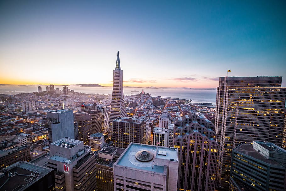 Sunset Evening over the San Francisco Cityscape, architecture, HD wallpaper