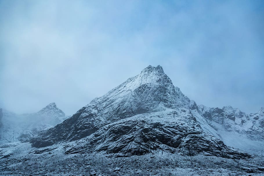 ice-capped mountains under white clouds, outdoors, mountain range HD wallpaper
