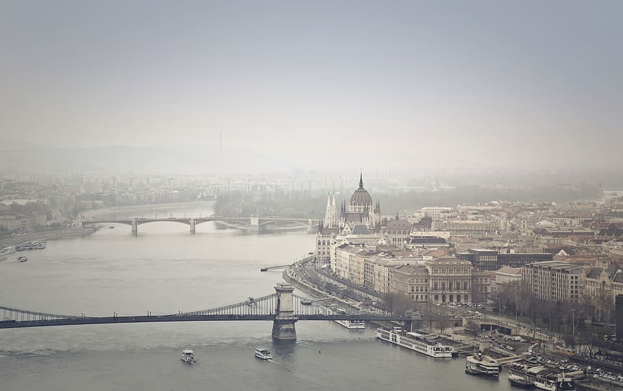 Aerial View of the City, architecture, boats, bridge, Budapest HD wallpaper