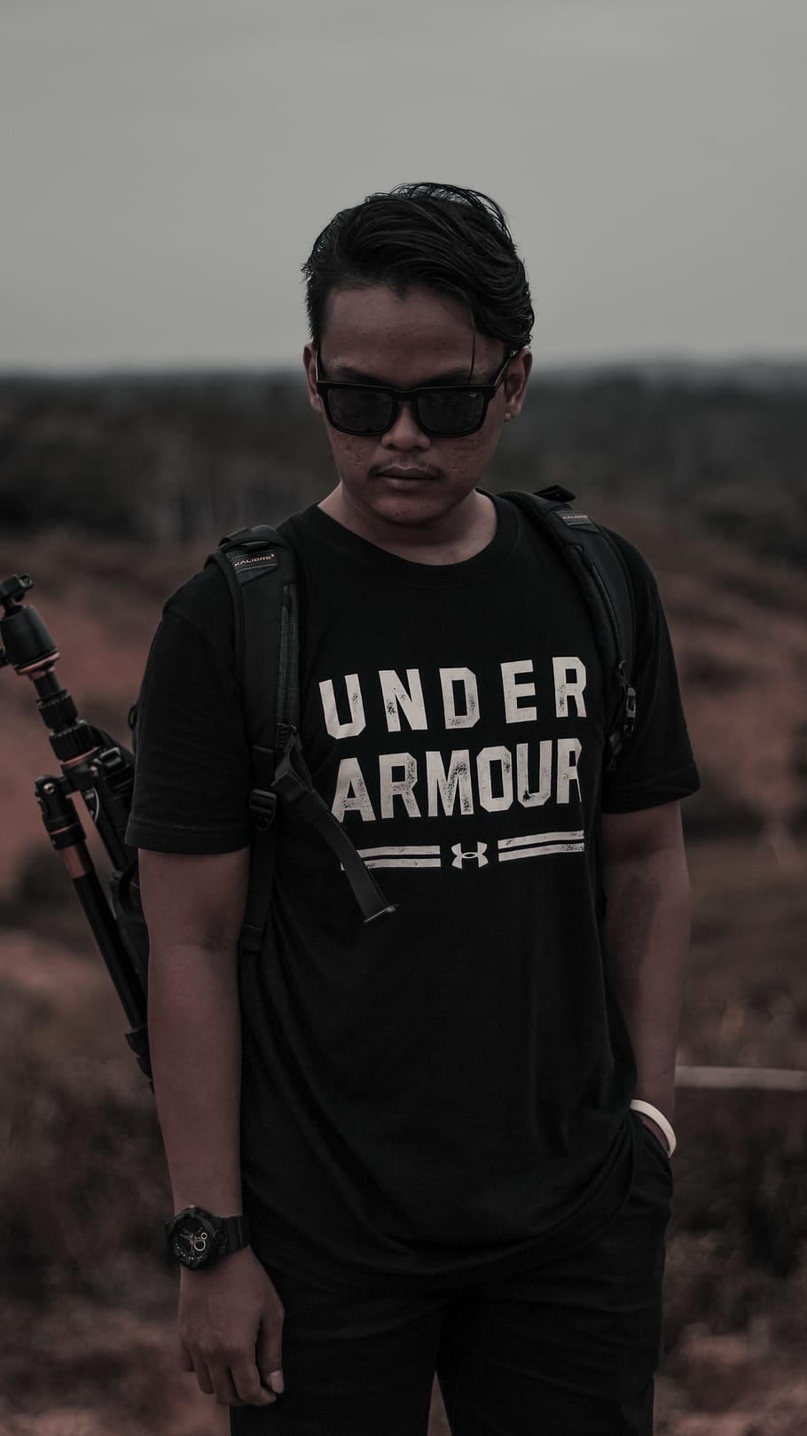 Black Under Armour Crew-neck T-shirt, backpack, man, sunglasses, HD wallpaper