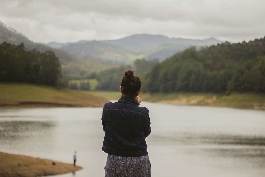 trees, lake, forest, nature, water, tone, rear view, one person HD wallpaper