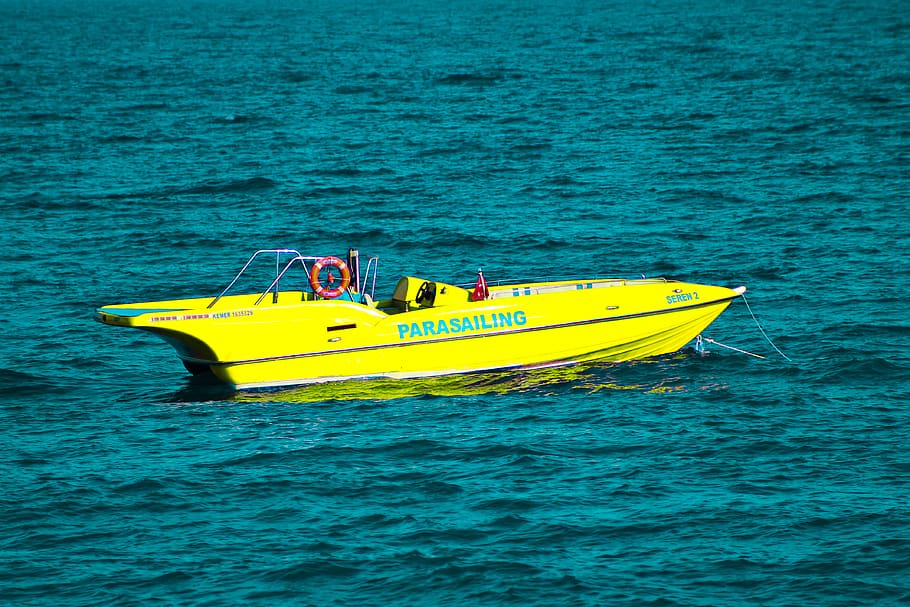 yellow motorized boat, transportation, watercraft, vessel, dinghy HD wallpaper