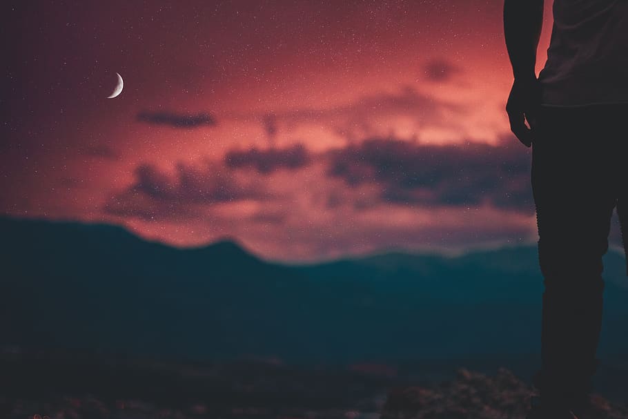 Person Standing on Cliff, clouds, dark, hand, landscape, moon HD wallpaper