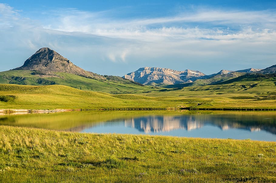 lake between field at daytime, grassland, outdoors, georgia, t'bilisi HD wallpaper