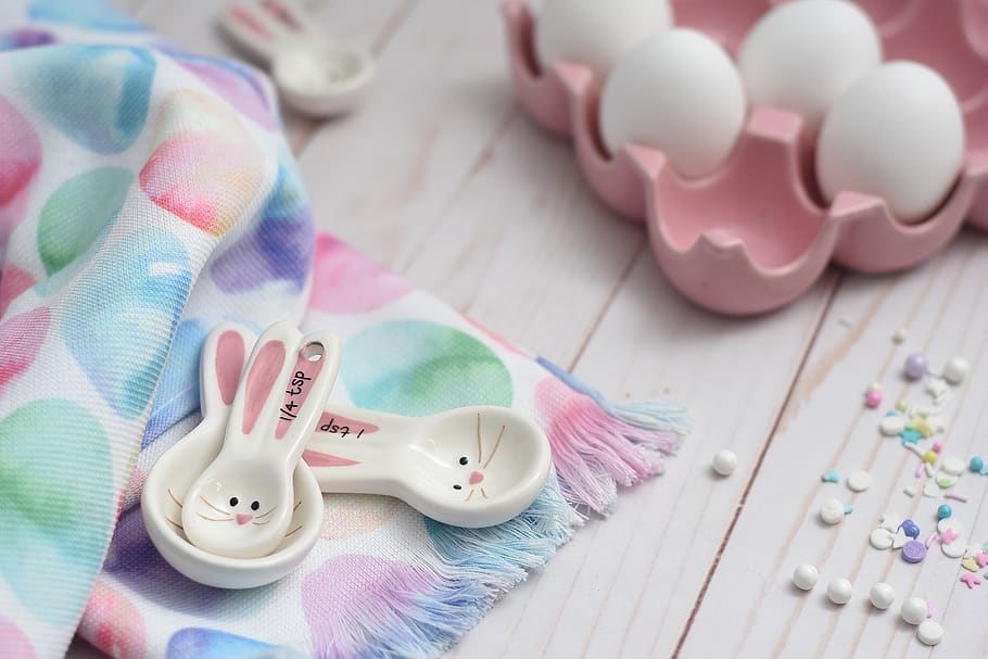 pink and white Easter egg decors, indoors, still life, high angle view HD wallpaper