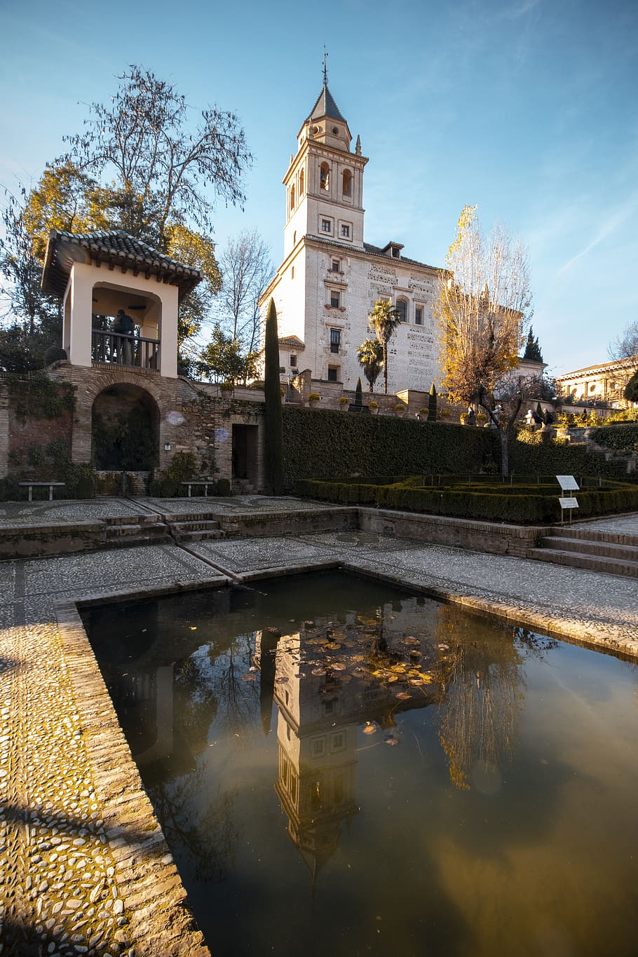 granada, alhambra, reflection, trees, built structure, architecture HD wallpaper