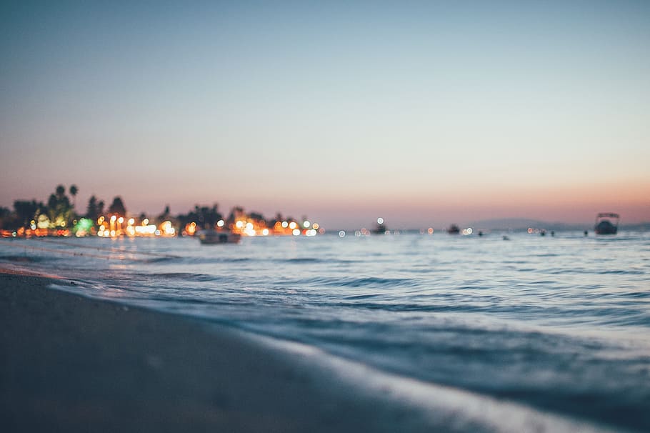 worm's-eye view of body of water, sunset, evening, sea, sky, greece HD wallpaper
