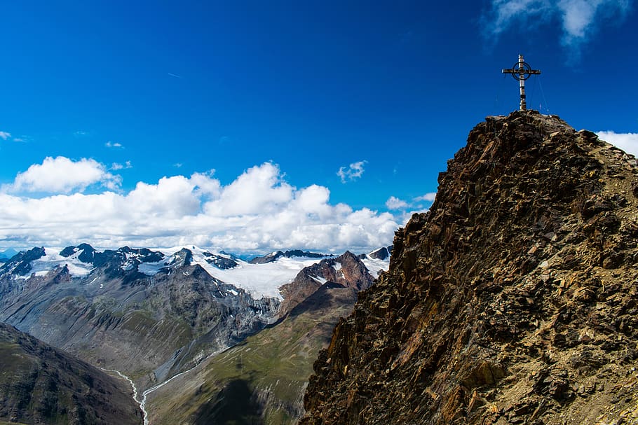 alps, mountain, top cross, alpine, landscape, austria, clouds HD wallpaper