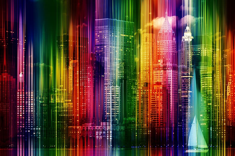 skyline, light, rays, gloss, upgrade, distortion, downtown HD wallpaper