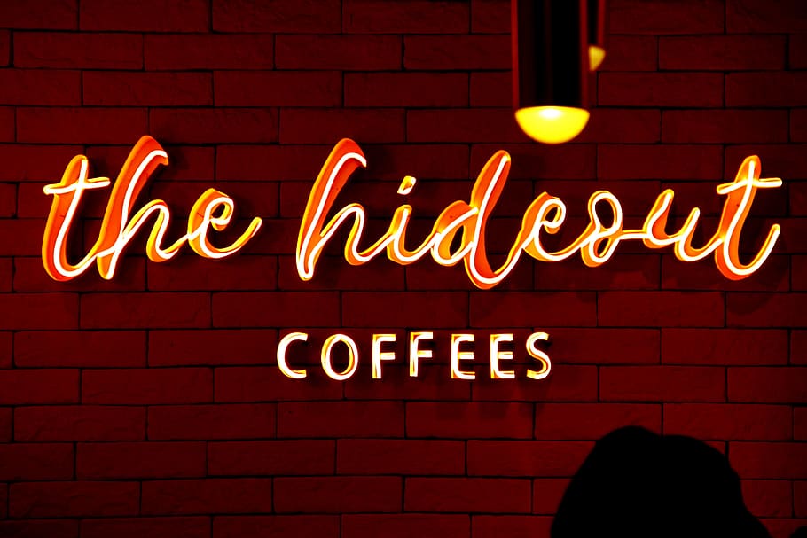 the hideout coffees, text, illuminated, western script, communication HD wallpaper